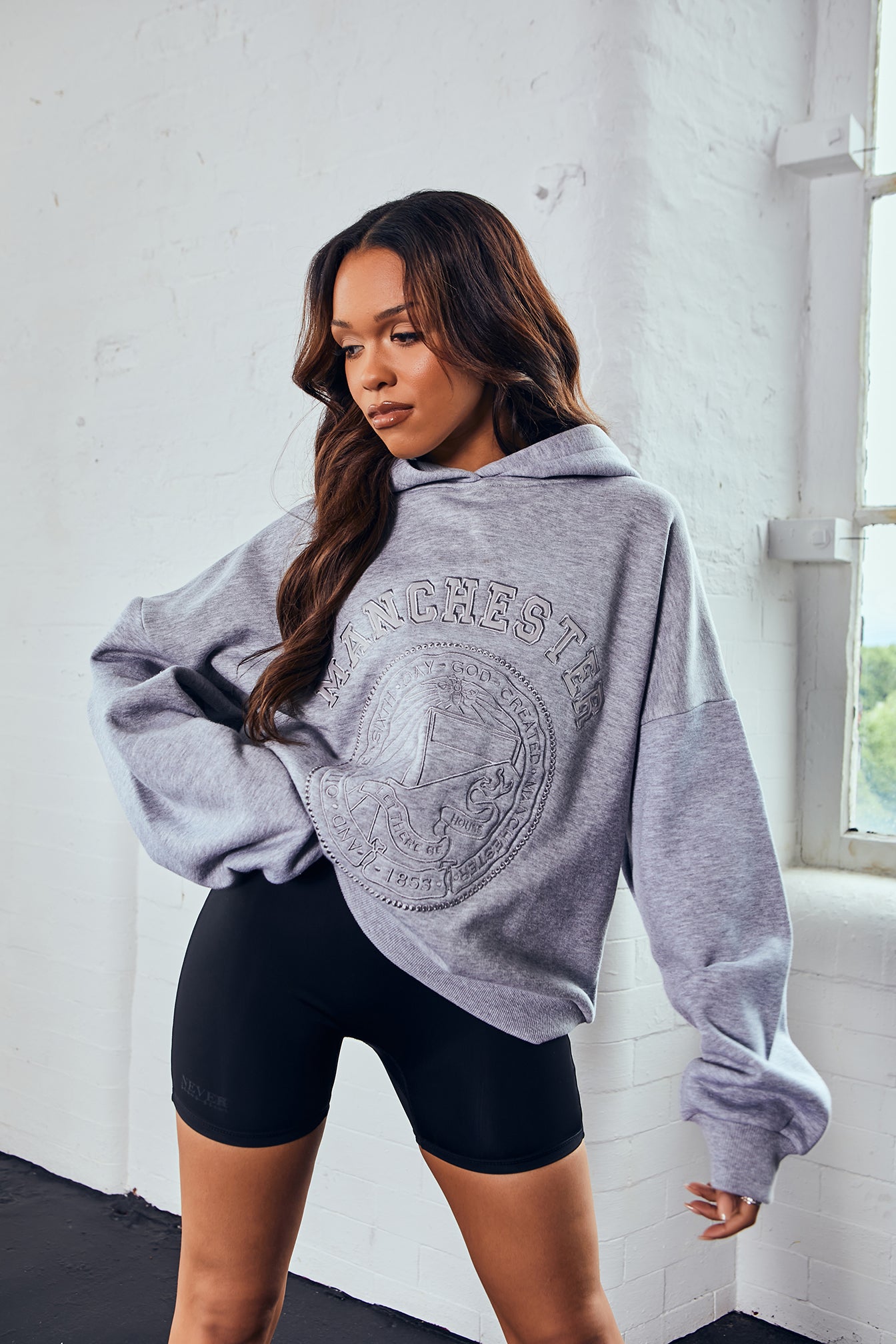 Grey Marl Embroidered Manchester Oversized Unisex Hoodie – Never