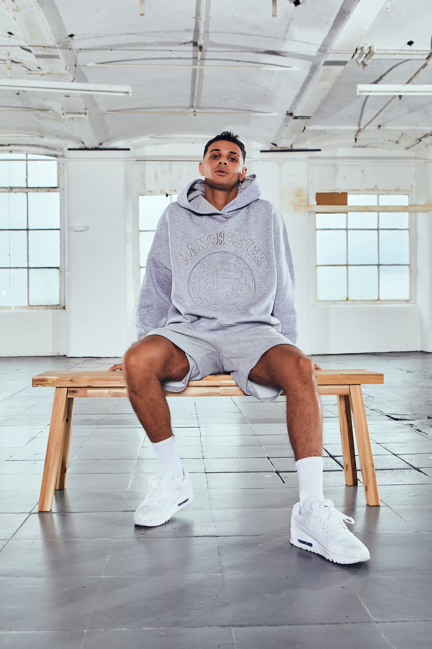 Grey Marl Embroidered Manchester Oversized Unisex Hoodie for Women